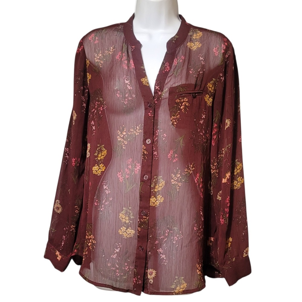 Kut‎ from the Kloth Sheer Burgundy Floral Button Down Blouse Sz S Long Sleeve